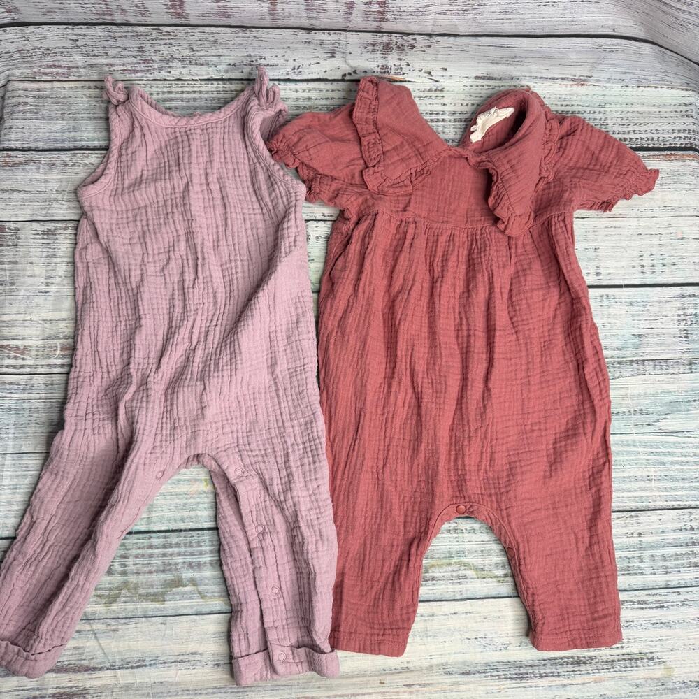 Mabel + Honey & Chick Pea Baby 12M Romper Jumpsuit Lot 2 Gauze Pink Mauve Boho